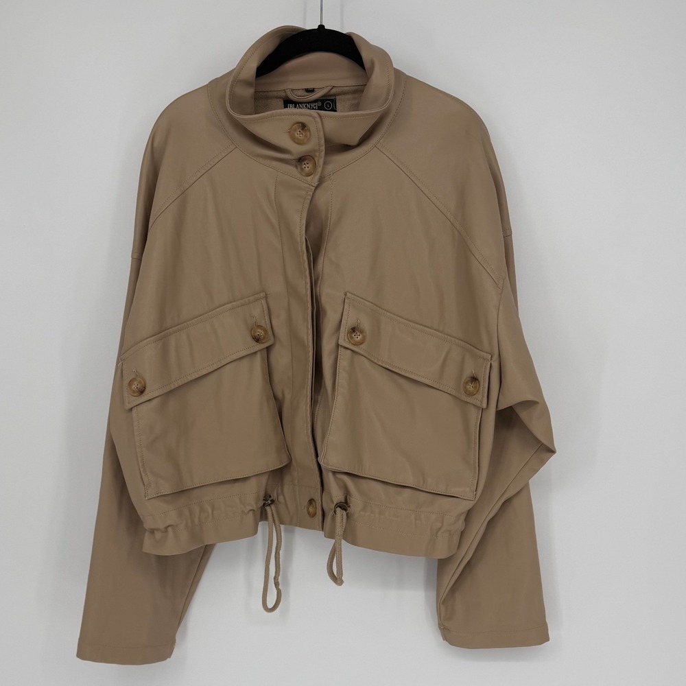 Blank NYC Vegan Leather Cropped Bomber Jacket Tan Beige Utility Cargo Small